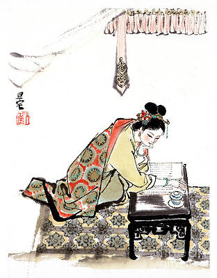 Wall Art featuring the painting Dream Of The Red Chamber - Woman Kneeling At Writing Table by Liu Danzhai