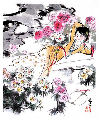 China Painting - Dream Of The Red Chamber - Woman Laying In Garden by Liu Danzhai