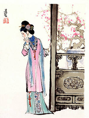 Wall Art featuring the painting Dream Of The Red Chamber - Woman Standing At Dresser by Liu Danzhai