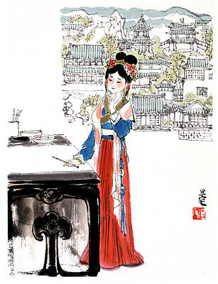 Wall Art featuring the painting Dream Of The Red Chamber - Woman Standing At Writing Table by Liu Danzhai