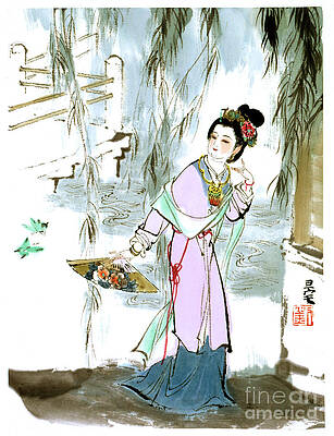 Wall Art featuring the painting Dream Of The Red Chamber - Woman With Fan By Pond by Liu Danzhai