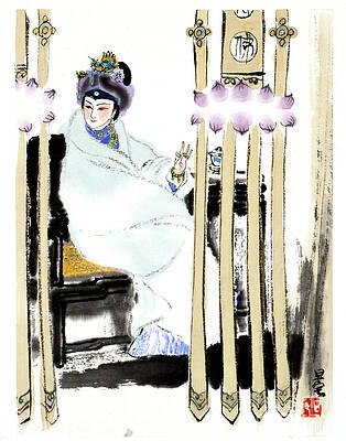 Wall Art featuring the painting Dream Of The Red Chamber - Woman Wrapped In Cloak And Sitting by Liu Danzhai