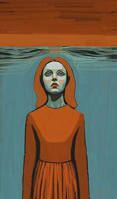 Woman in Orange Dress Against Blue Wall Art