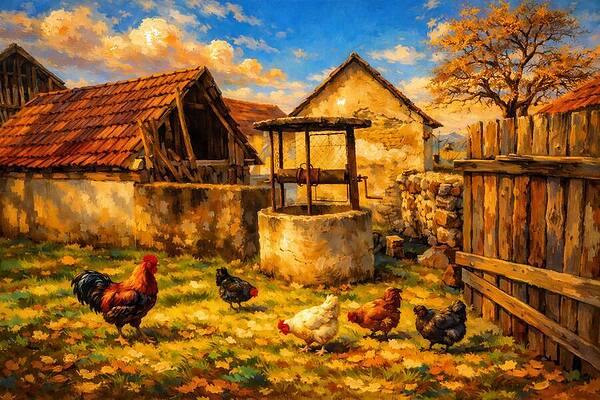 Country Farmyard with Roosters and Hens Digital Art