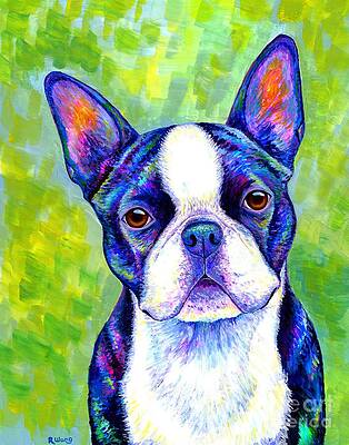 Pet Portrait Wall Art featuring the painting Effervescent - Colorful Boston Terrier Dog by Rebecca Wang