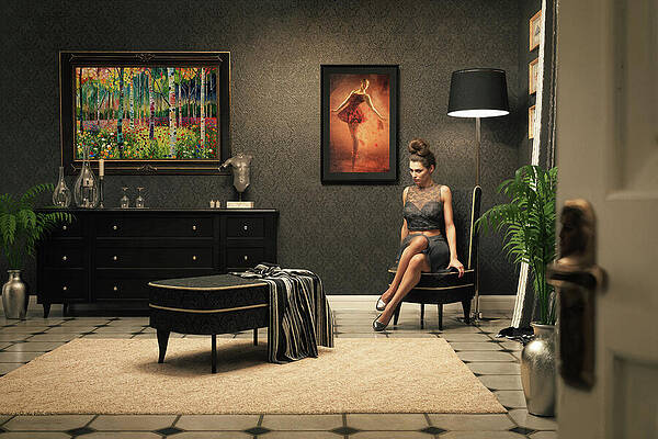 What Is She Thinking? A Staged Scene Elegant Female Print