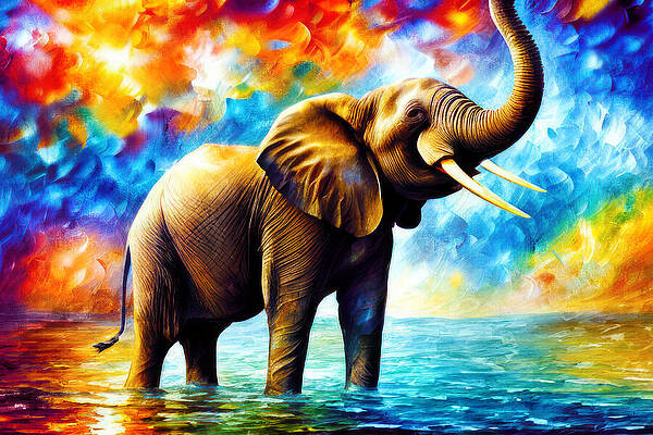 Vibrant Wall Art featuring the digital art Elephant Sitting In Water In A Bright Colorful Background - Digital Painting by Nicko Prints