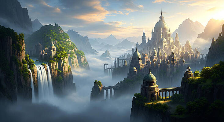 Architecture Wall Art featuring the ai art Enchanted Mountain Cityscape At Dawn by The Luxury Art Collection