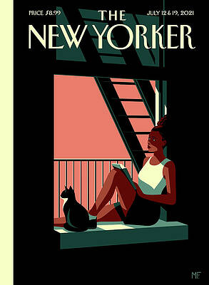 Woman on a Balcony with Cat Print