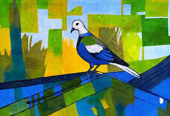 Nature Digital Art - Eurasian Collared Dove On A Roof - Abstract Painting In Blue And Green Hues by Nicko Prints