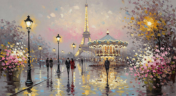 Architecture Wall Art featuring the ai art Evening Stroll By Carousel by The Luxury Art Collection