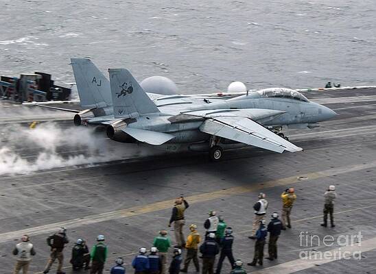 Wall Art featuring the photograph F14 Tomcat V F 31 Tomcatters Recording Last Deck Shoot by Antonios Valamontes