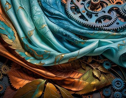 Organic Wall Art featuring the digital art Fabric With Leaves And Gears by Eris And AI