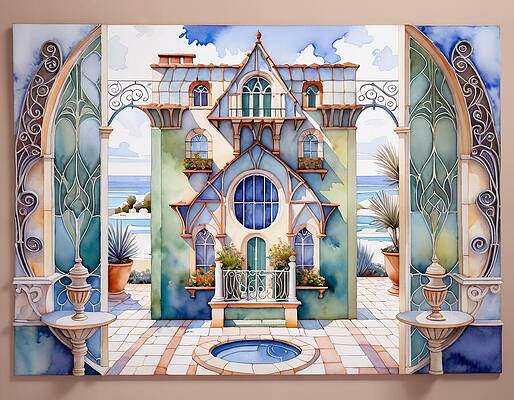 Whimsical Digital Art - Fairy House By The Beach With A Little Magical Pool by Eris And AI