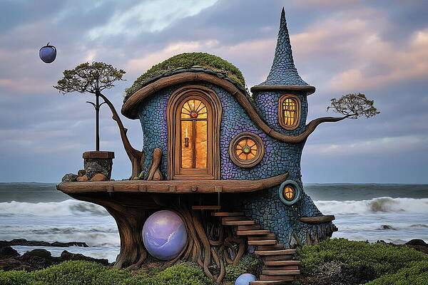 Whimsical Digital Art - Fairy House By The Sea With Falling Glass Apple by Eris And AI