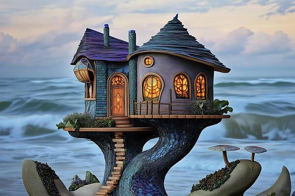 Whimsical Digital Art - Fairy House On A Pedestal by Eris And AI