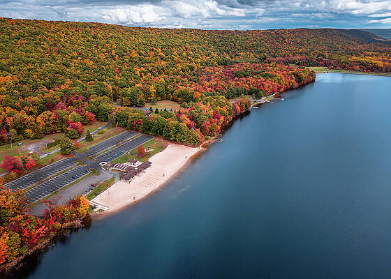 Fall Photograph - Fall Aerial Mauch Chunk Lake Beach And Landscape by Jason Fink