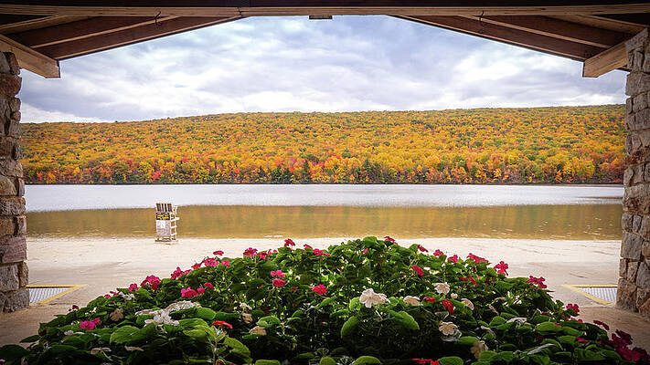Wall Art featuring the photograph Fall At Mauch Chunk Lake From Under The Pavilion by Jason Fink
