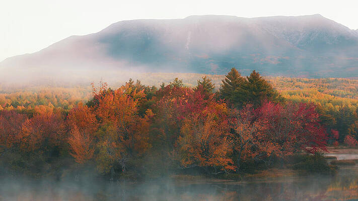 Wall Art featuring the photograph Fall Fog Mount Katahdin From Abol Bridge by Dan Sproul