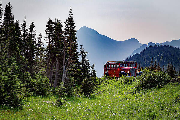 Vintage Red Bus in Mountain Landscape Wall Art