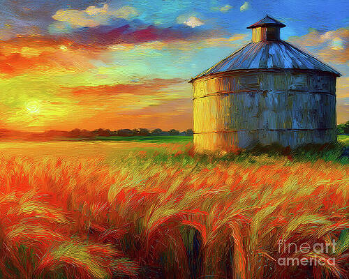 Summer Digital Art - Farming Sunset Silo by Macro Abundance