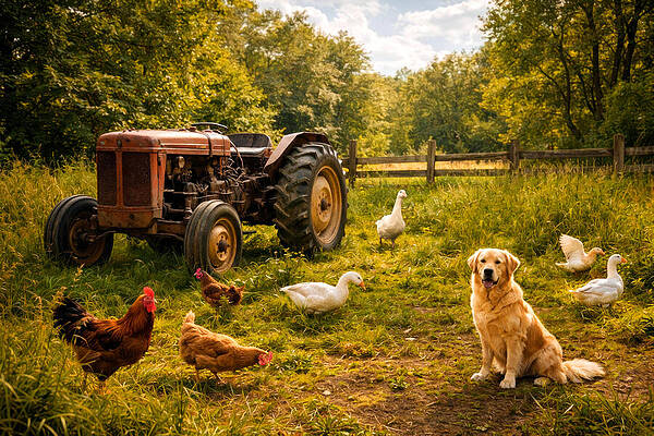 Farmyard Scene with Chickens and Dog Wall Art