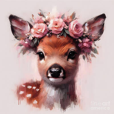 Vibrant Wall Art featuring the ai art Fawn Adorned With Floral Crown by Lucia Stewart