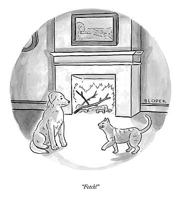 Dog and Cat by the Fireplace Drawing
