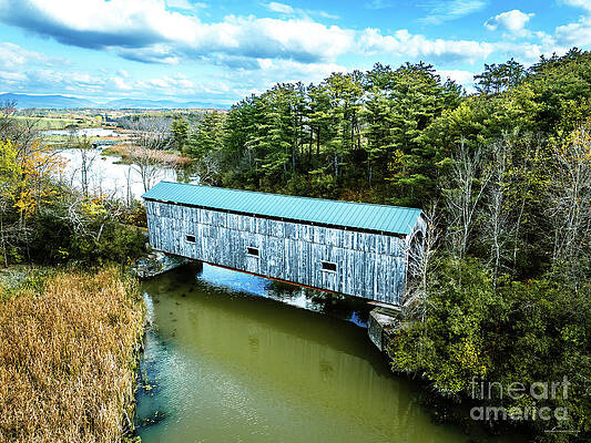 Foliage Photograph - Aerial View Of The East Shoreham Vermont Covered Bridge by Eric Killorin