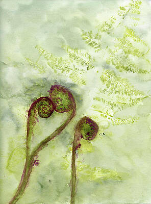 Wall Art featuring the painting Fiddle-Footed, Fiddleheads With Monoprinted Fern by Elizabeth Reich
