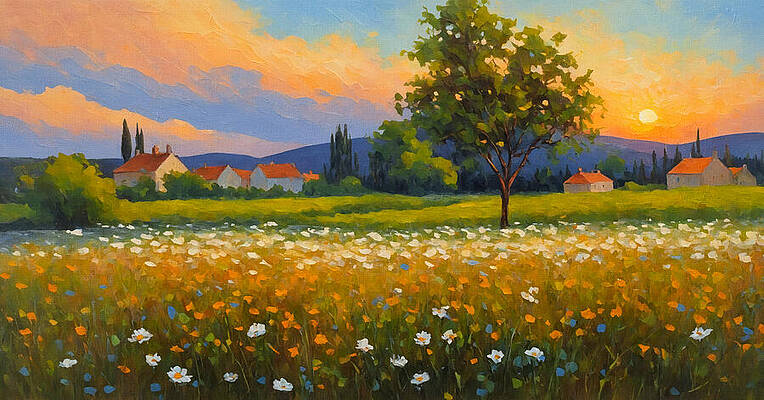 Nature Digital Art - Field With Daisy Flowers And Some Houses In The Distance At Sunset - Oil Painting by Nicko Prints
