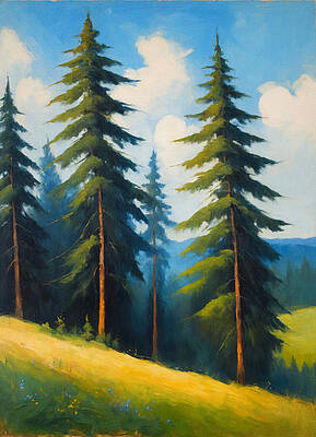 Nature Digital Art - Fir Trees Forest At The Edge Of The Pasture - Digital Painting by Nicko Prints