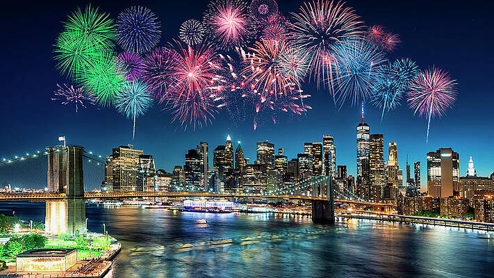 Fireworks Over New York City Skyline Photograph