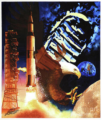 America Painting - First Moon Landing by Ed Little