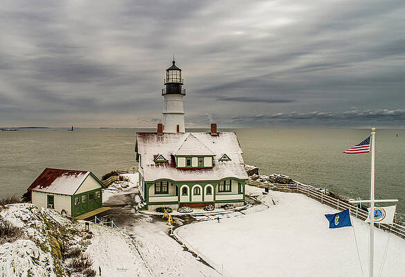 Maine Photograph - First Snow, Cape Elizabeth Lighthouse by Veterans Aerial Media LLC