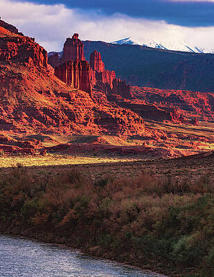 Sunset Photograph - Fisher Towers And La Sals, Utah - Vertical by Abbie Warnock