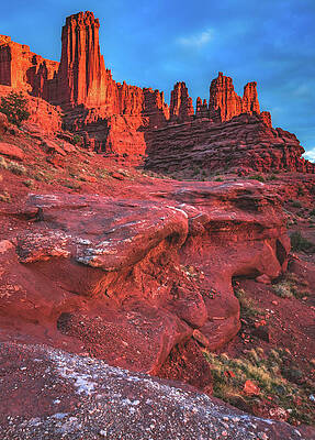 Sunset Photograph - Fisher Towers And Sandstone Waves, Utah - Vertical by Abbie Warnock