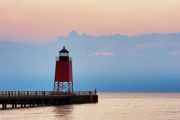Sky Photograph - Fisherman At The Charlevoix South Pier Light by Michael Collins