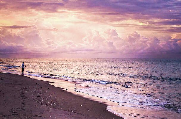 Wall Art featuring the digital art Fisherman On The Florida Shore Under Sunrise Thunderheads by Rebecca Herranen
