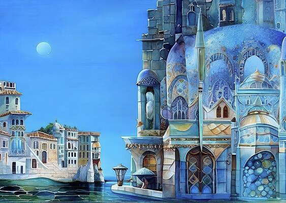 Whimsical Digital Art - Floating City, Waxing Moon by Eris And AI