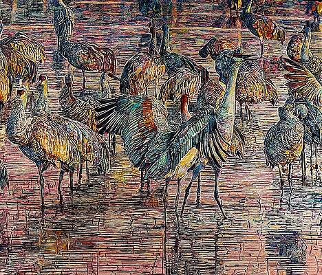 Cranes in a Vibrant Wetland Painting