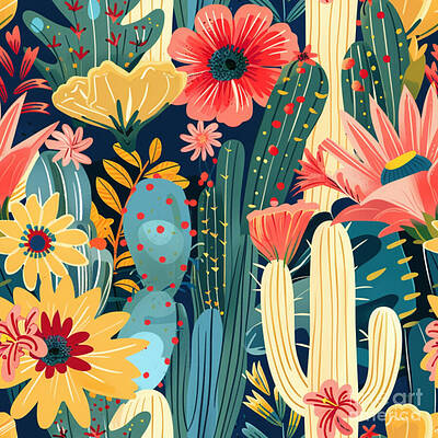 Floral Cacti Vibrant Pattern Wall Art