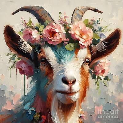Vibrant Wall Art featuring the digital art Floral Crowned Goat by Lucia Stewart