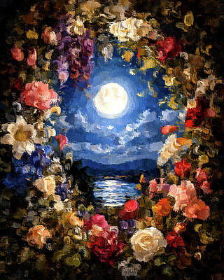 Moonlit Floral Landscape Digital Art