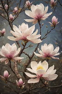 Tree Digital Art - Flower Painting Of Blooming Magnolia Trees by Nature Oil Painting