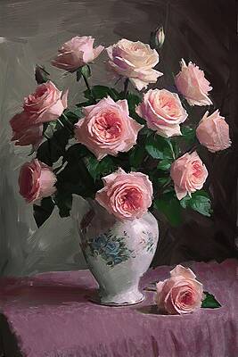 Still Life Digital Art - Flower Painting Of Delicate Roses In A Vase by Nature Oil Painting