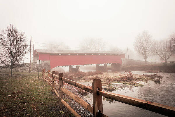 Wall Art featuring the photograph Foggy Wehrs Covered Bridge And Jordan Creek by Jason Fink
