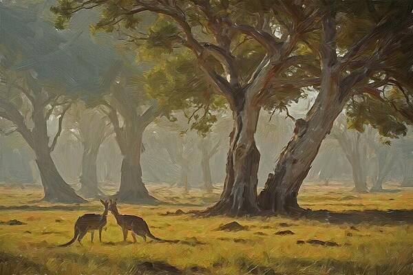 Serene Digital Art - Forest Trees And Two Kangaroos Digital Oil Painting by Nature Oil Painting