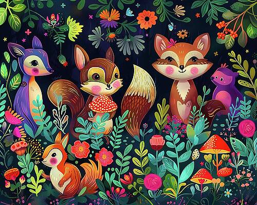 Whimsical Wall Art featuring the digital art Forest_animals_in_a_whimsical_style_colorful_and_playful_No 2 by Andre Petrov