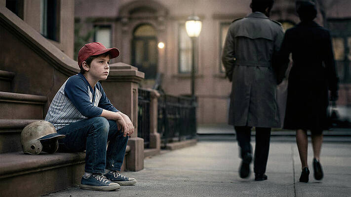 Boy Reflecting on City Steps Print